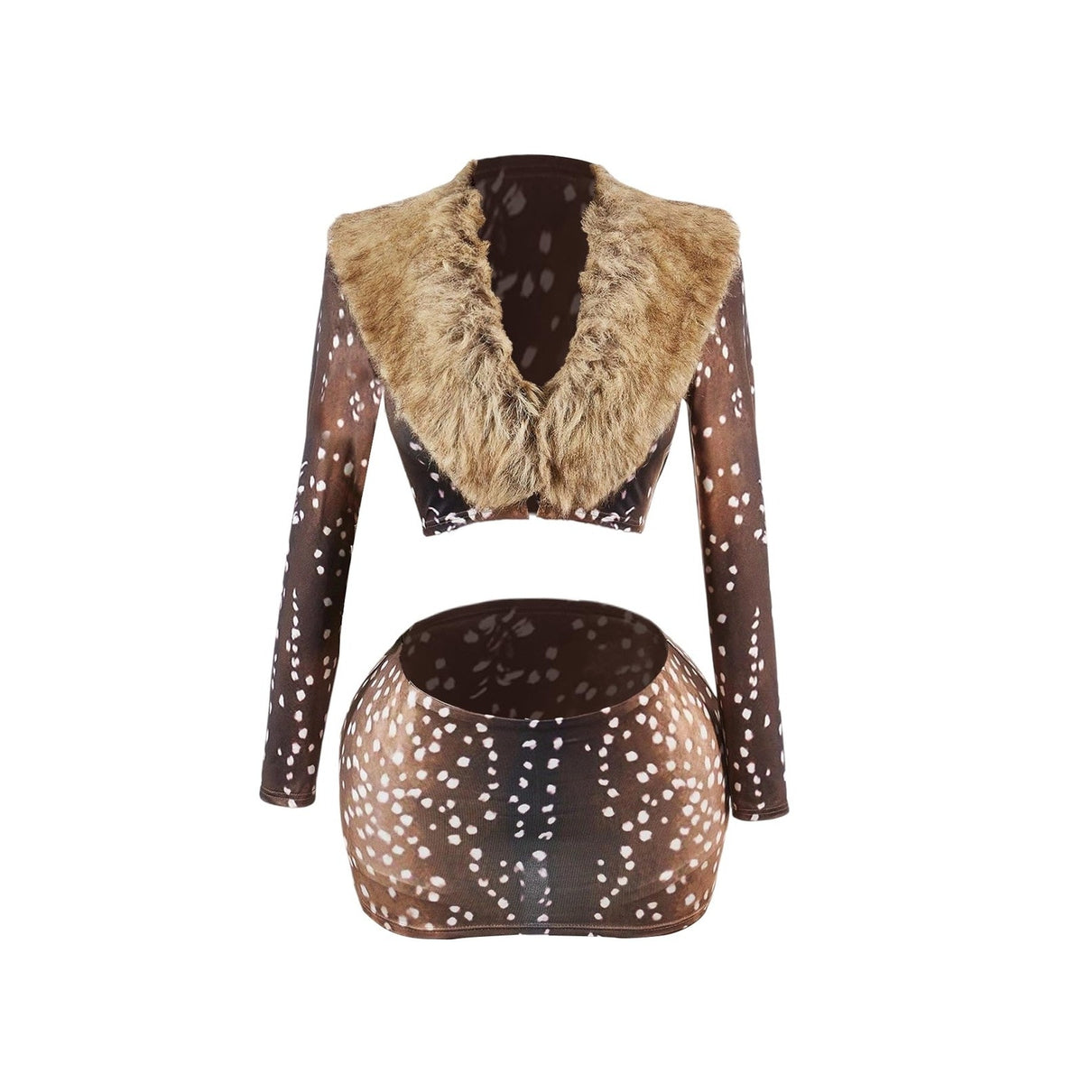 MakeMeChic Womens Sz S Deer Print Faux Fur Crop Top Skirt 2 Piece Set Dots