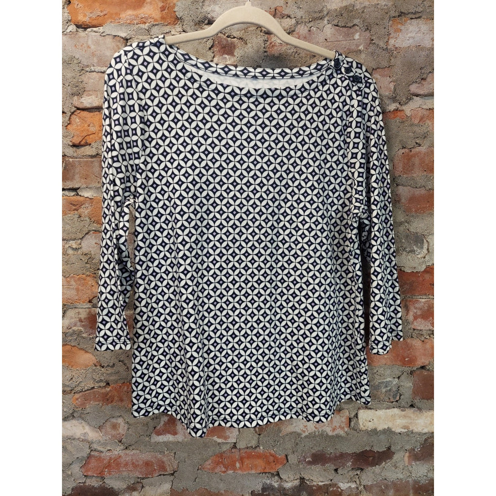 Charter Club Womens Top PXL White Blue Geometric Boat Neck 3/4 Sleeve Supima