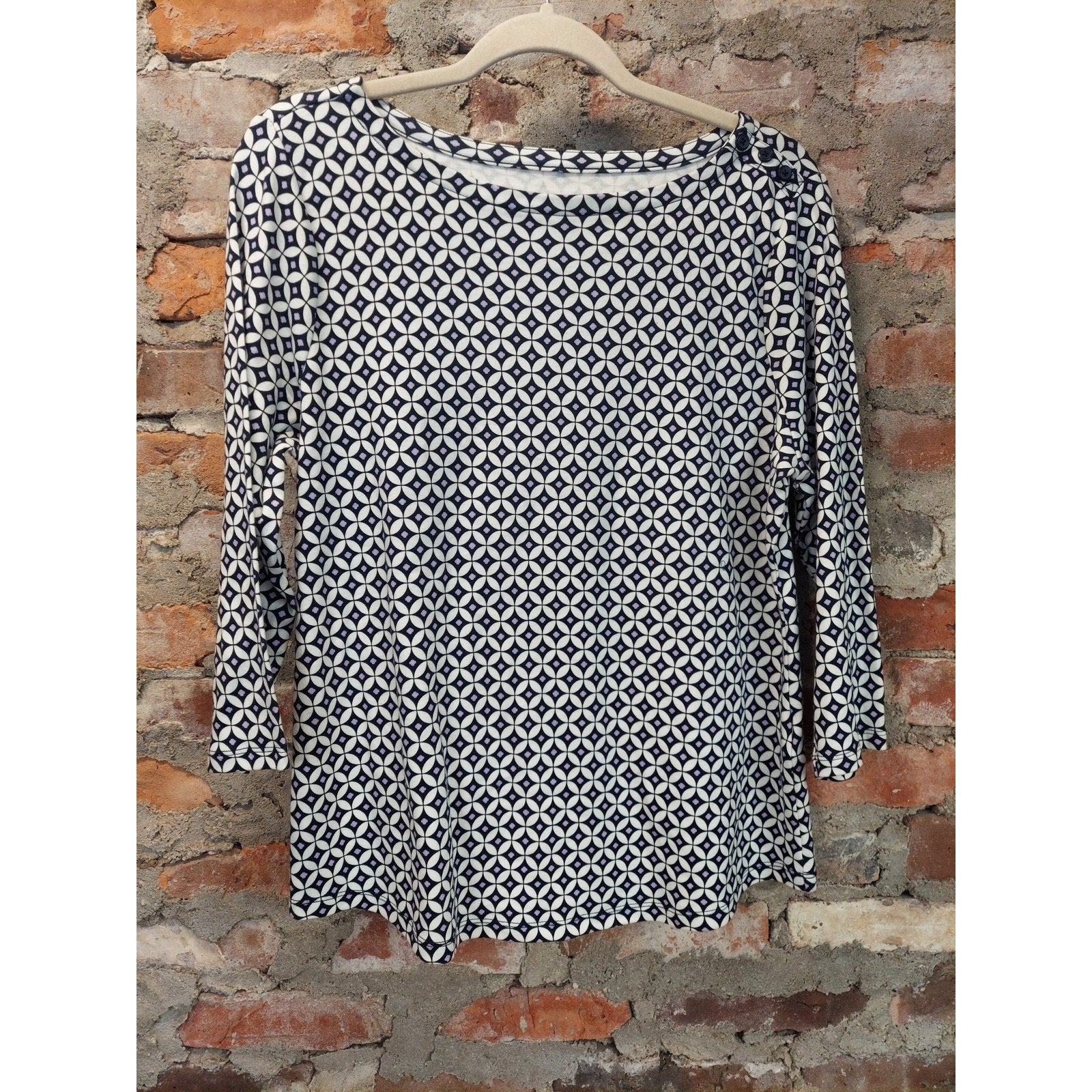 Charter Club Womens Top PXL White Blue Geometric Boat Neck 3/4 Sleeve Supima