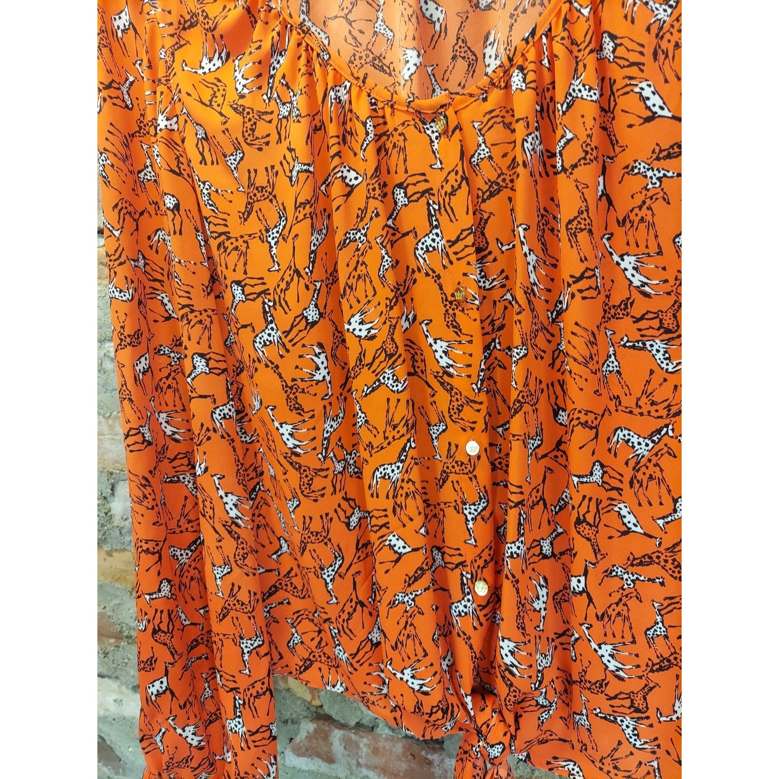 CHAUS Womens Blouse XL Orange Giraffe Print Long Sleeve Tie Front Scoop Neck