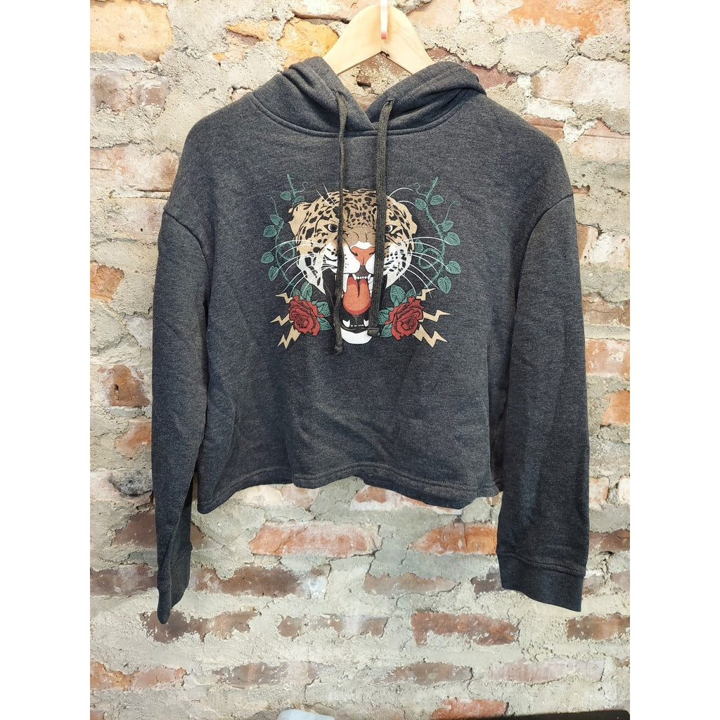 Ardene Womens Cropped Hoodie Medium M Dark Gray Leopard Graphic Print Rose