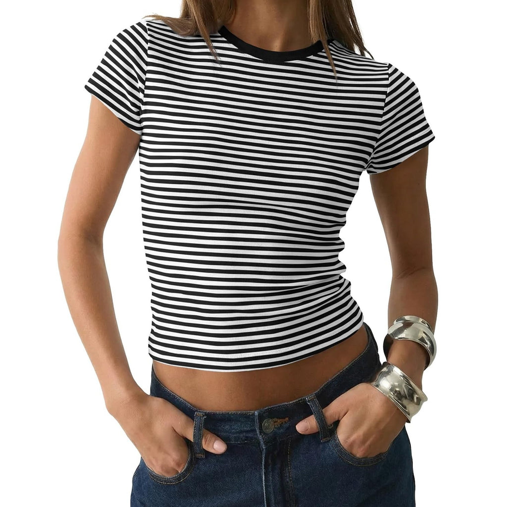 Womens L Large Crop Top Striped Short Sleeve Crew Neck Black White T-Shirt