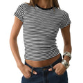 Womens L Large Crop Top Striped Short Sleeve Crew Neck Black White T-Shirt