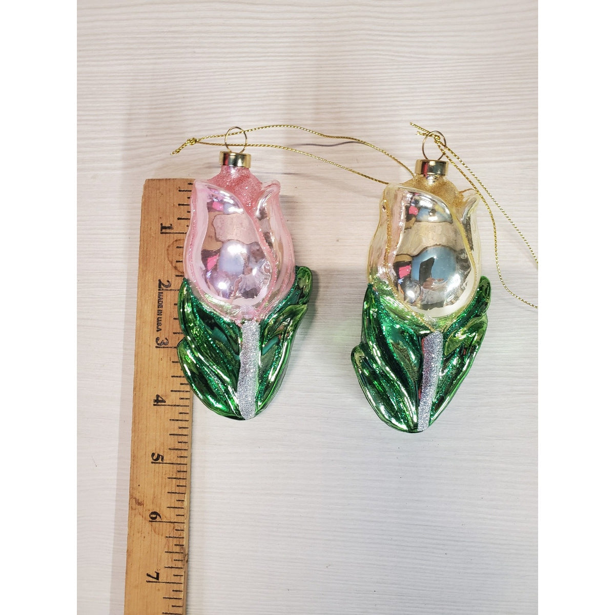 Blown Glass Christmas Ornaments Rose Flower Pink Gold Green Glitter Set of 2