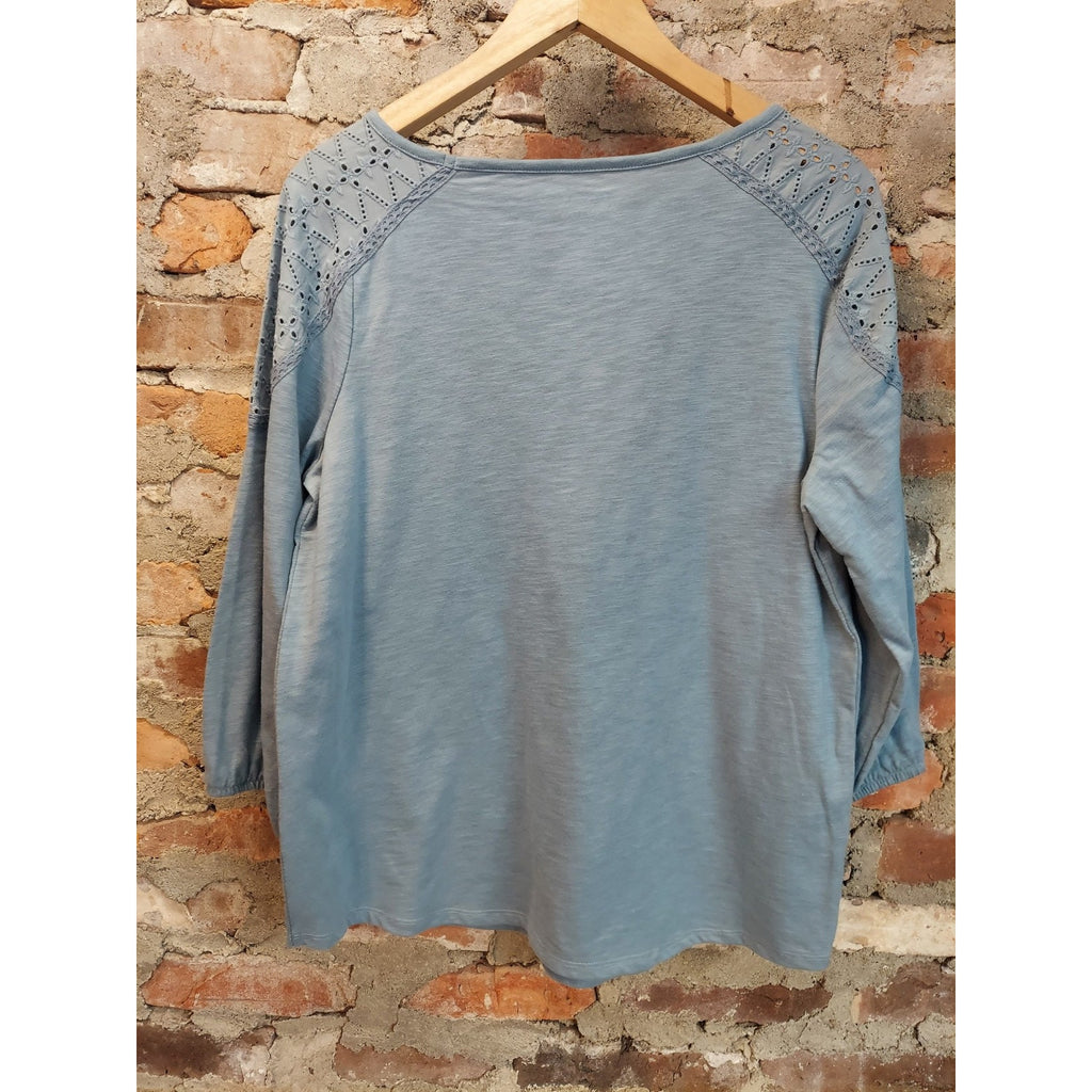 Croft & Barrow Womens Eyelet Embroidered Top M Dusty Blue Cotton Blend