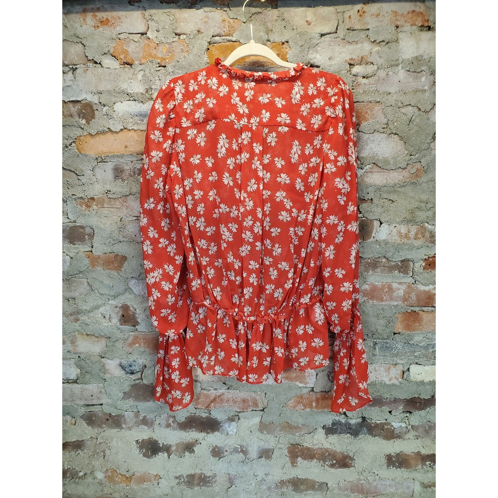 Derek Lam Collective Womens Blouse XL Red White Floral Long Sleeve Peplum Ruffle