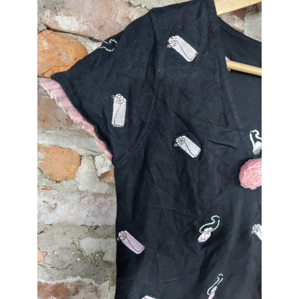 Whimsy by Sydney Easton Womens Top L Black V Neck Short Sleeve Rosette