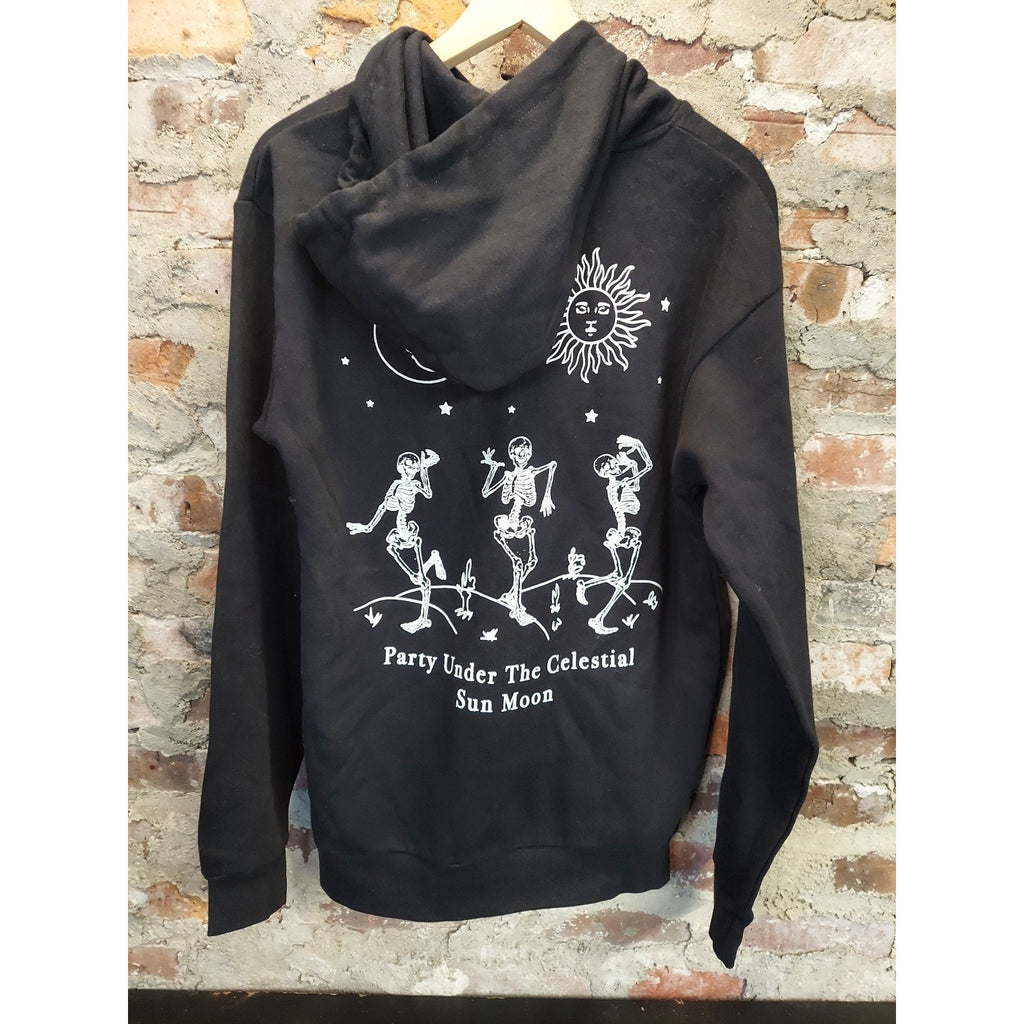 Call Your Mother Unisex Hoodie M Black Graphic Print Pullover Celestial Skeleton