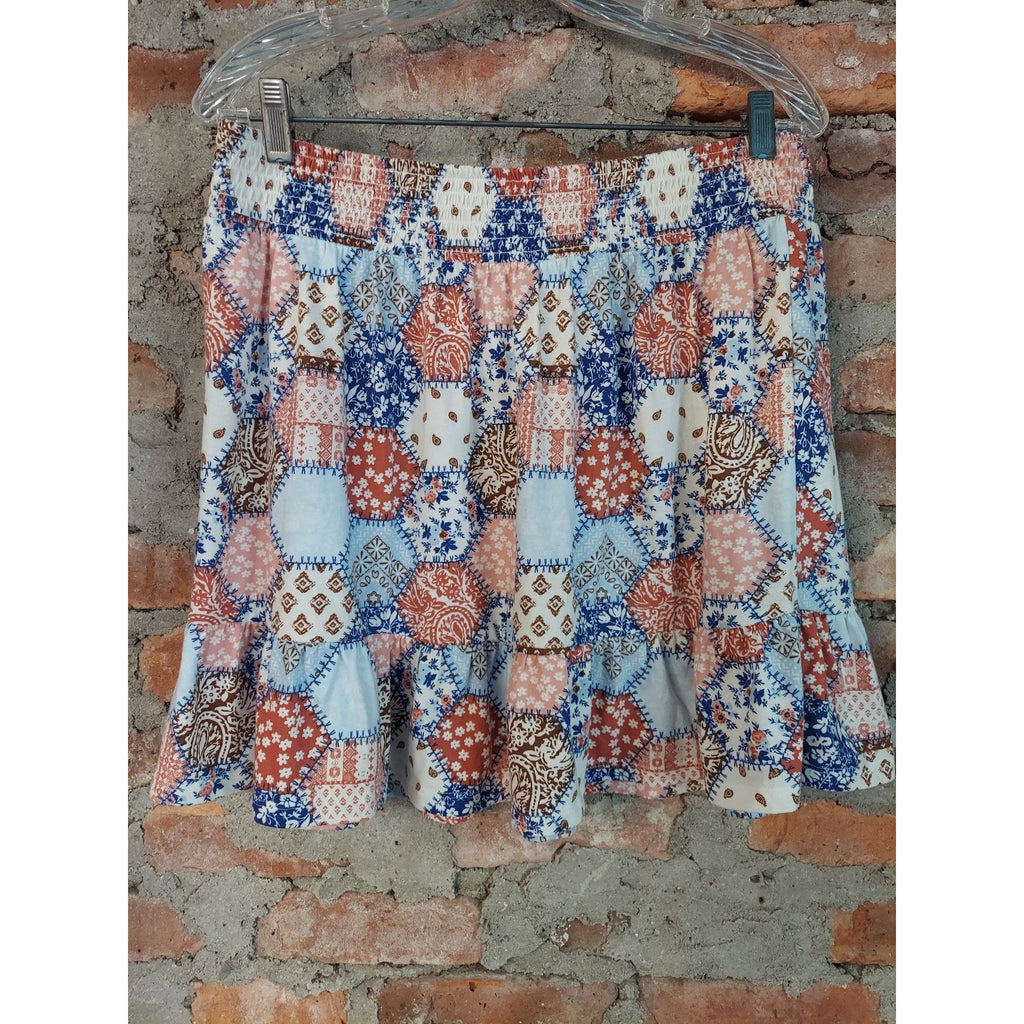 Sugar & Jade Womens Mini Skirt XXL Multicolor Patchwork Ruffle Smocked Waist