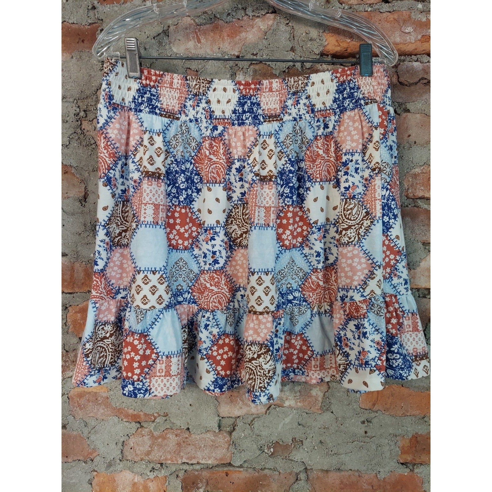 Sugar & Jade Womens Mini Skirt XXL Multicolor Patchwork Ruffle Smocked Waist