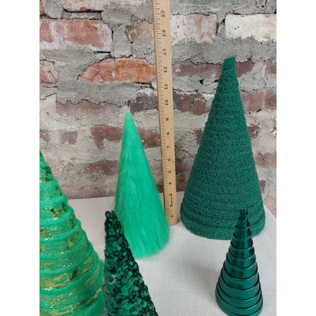 Christmas Trees Set Green Miniature 6 Piece Lot Textured Sequin Furry