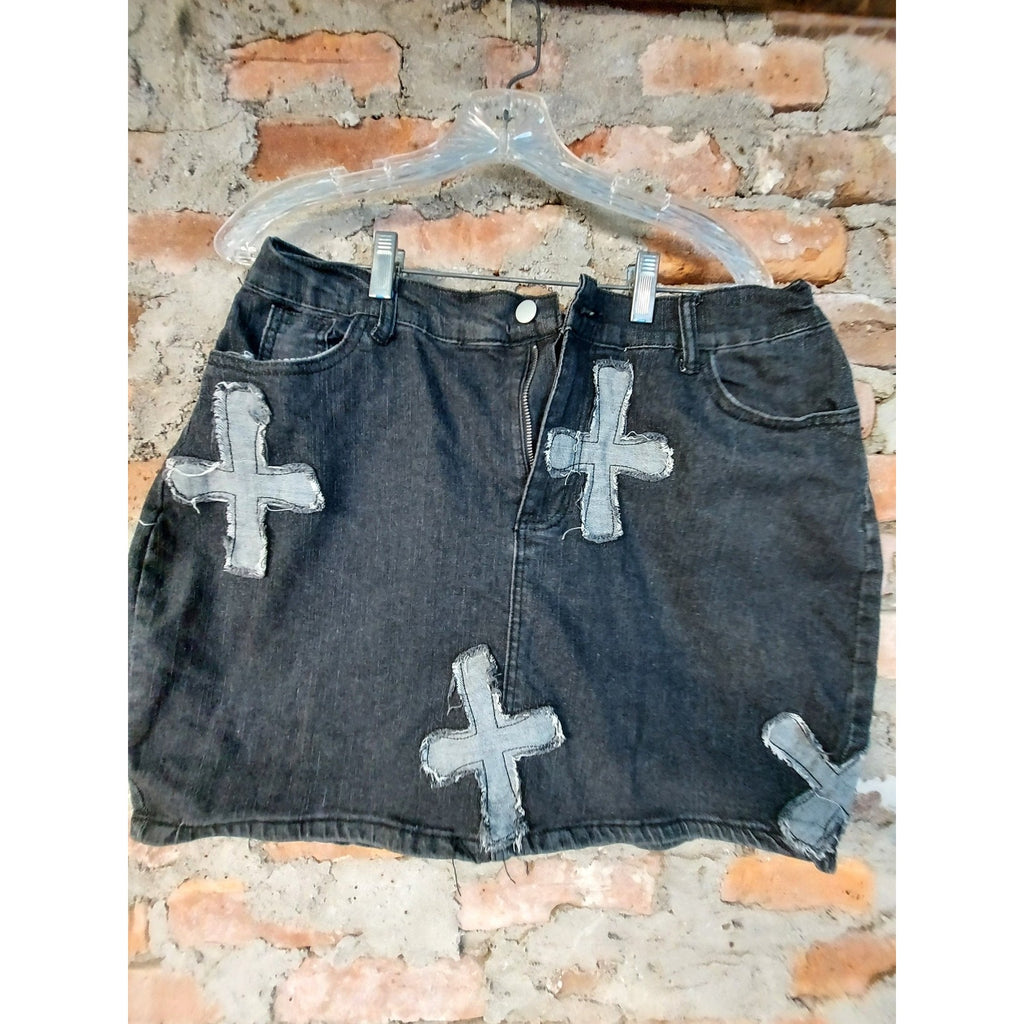 Womens Denim Jacket Skirt Set XXL Black Cross Patch Two Piece Moto Style