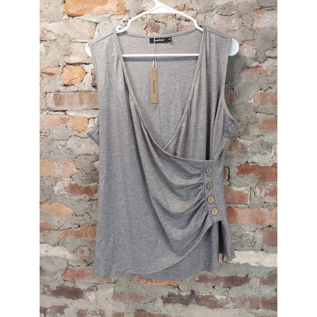 EasyGala Womens Tank Top 2XL Gray V Neck Wrap Ruched Button Sleeveless NWT