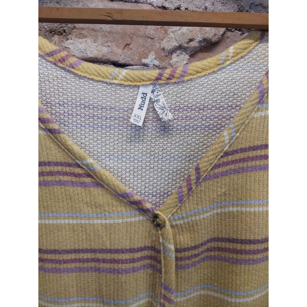 Mudd Womens Tank Top XXL Yellow Striped Button Front Tie Front Waffle Knit