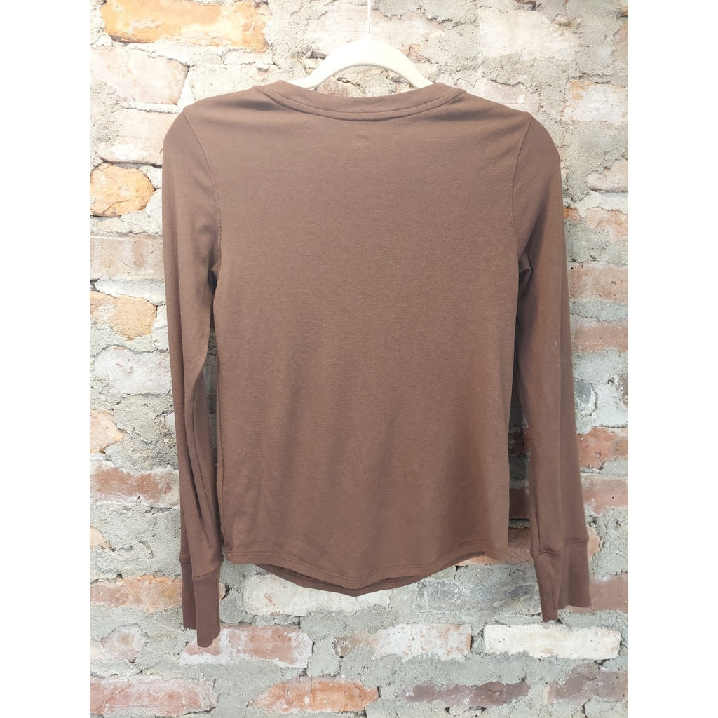 C&C California Womens Long Sleeve Shirt Small Brown Crew Neck Curved Hem