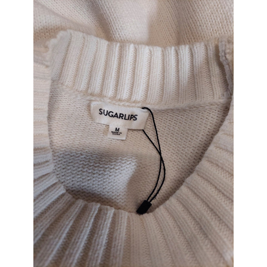 SUGARLIPS Womens Cream Short Sleeve Knit Mock Neck Sweater Top Ribbed M
