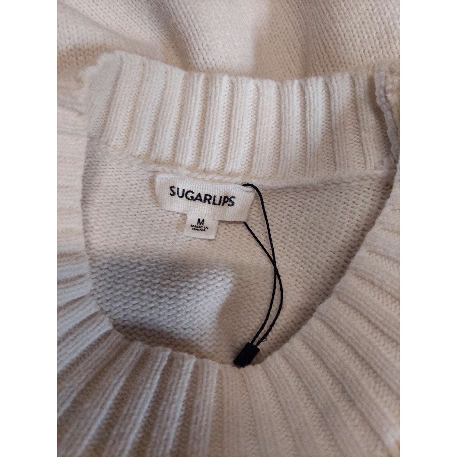 SUGARLIPS Womens Cream Short Sleeve Knit Mock Neck Sweater Top Ribbed M