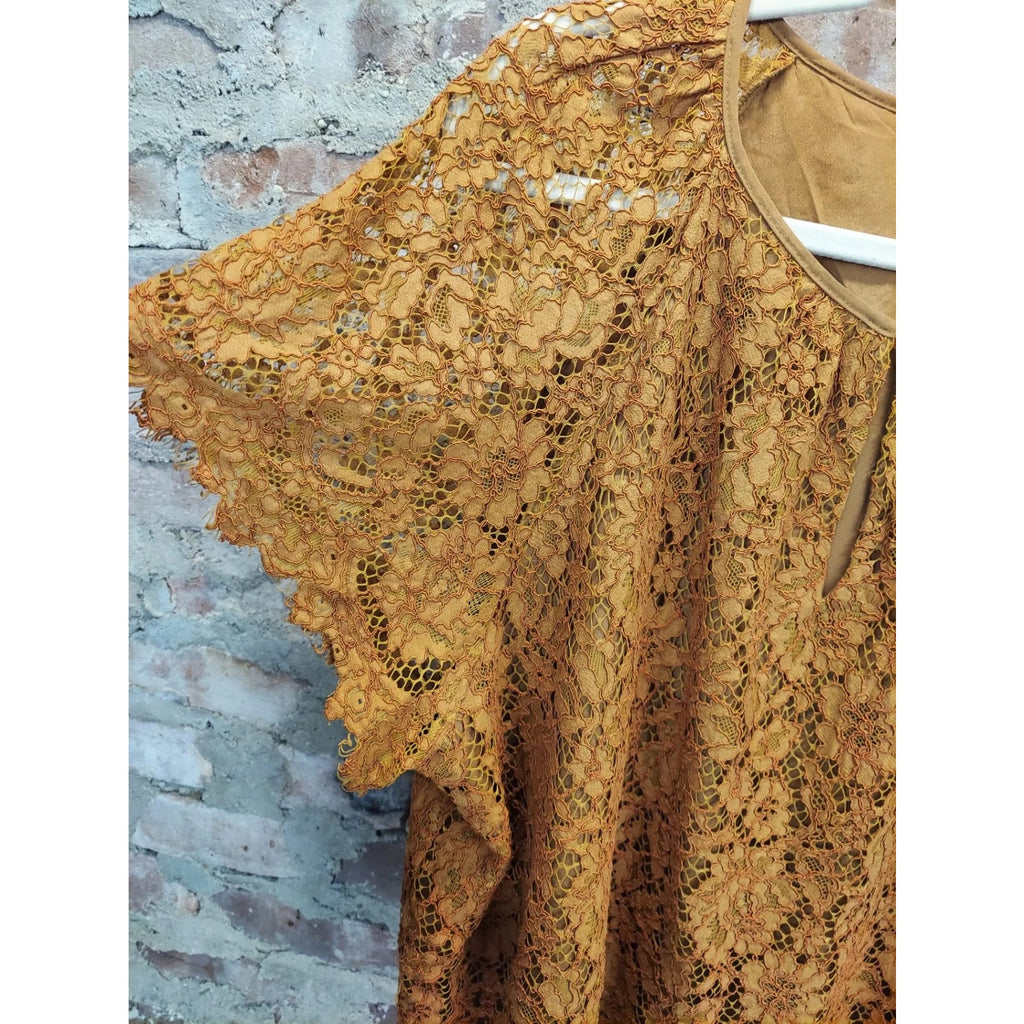 J.Crew Womens Lace Top Blouse 2X Plus Mustard Yellow Floral Keyhole Neck