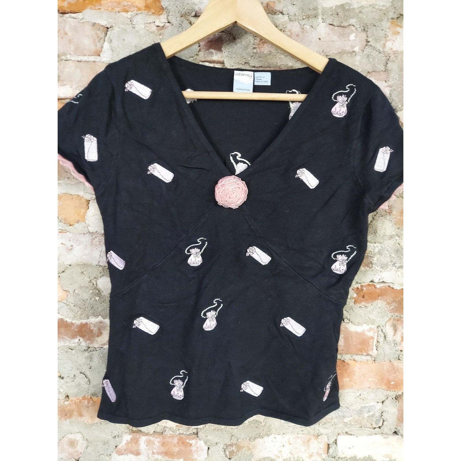 Whimsy by Sydney Easton Womens Top L Black V Neck Short Sleeve Rosette