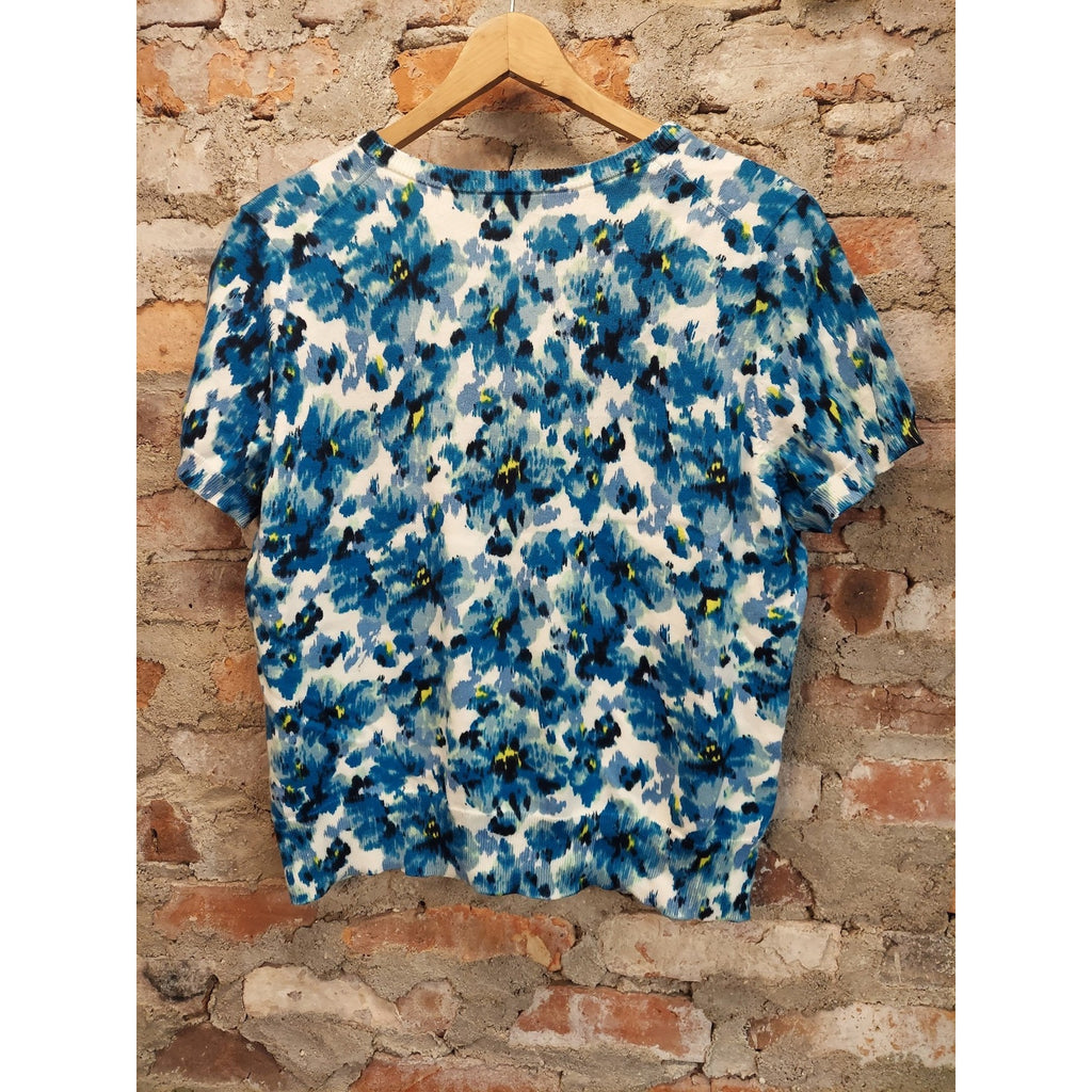 Lands End Womens Short Sleeve Sweater L P 14 16 Blue White Yellow Floral Supima