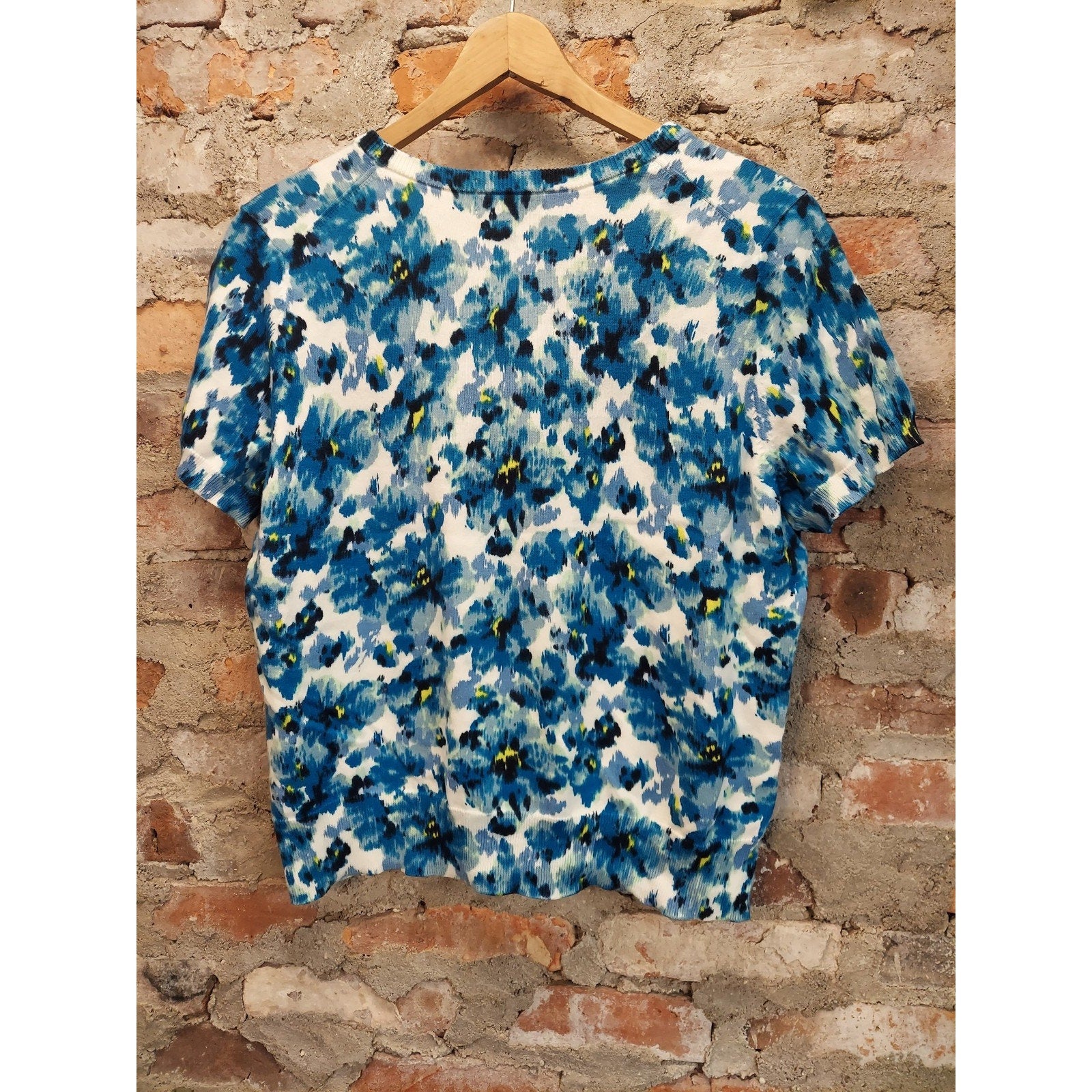 Lands End Womens Short Sleeve Sweater L P 14 16 Blue White Yellow Floral Supima