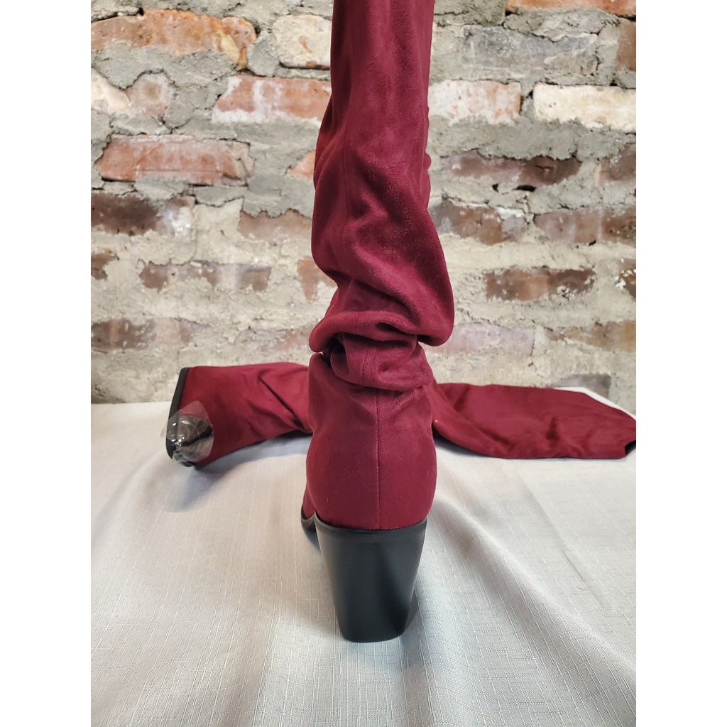 Womens 9 Slouch Boots Knee High Burgundy Red Faux Suede Pointed Toe Metallic Cap