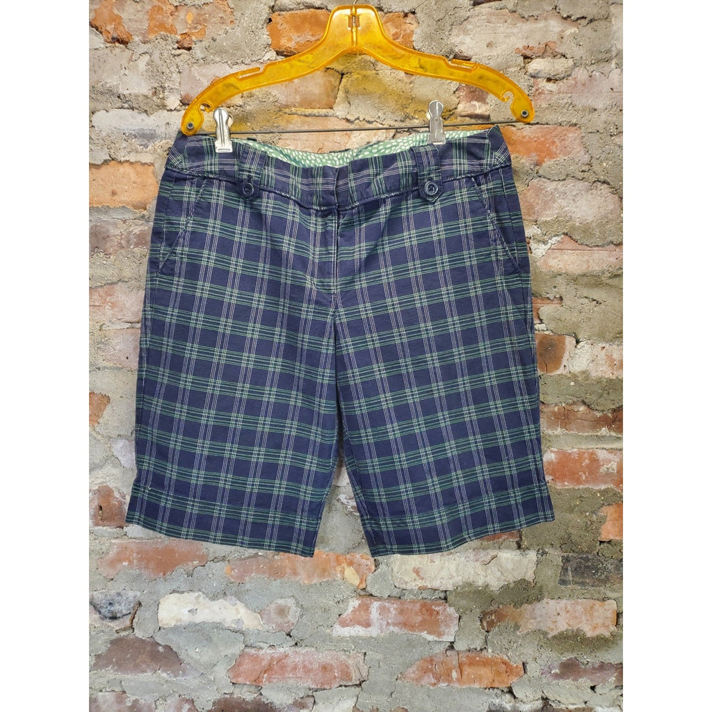 Ann Taylor LOFT Womens Plaid Shorts Size 8 Navy Blue Green Button Pockets
