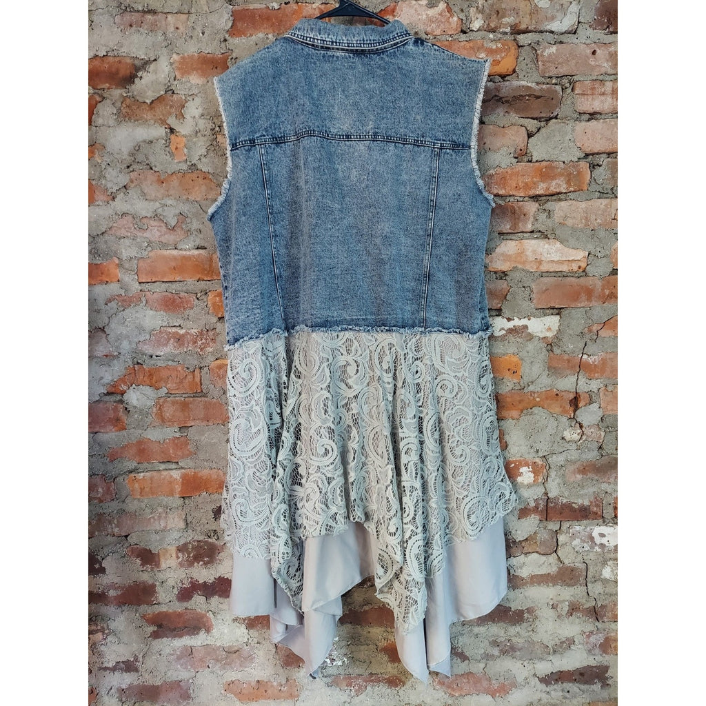 Womens Denim Lace Tunic Dress XXL Light Wash Gray Sleeveless Button Front