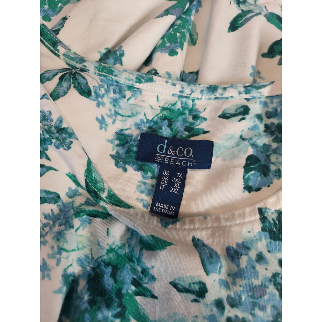 d&co. Womens Plus Size 1X White Blue Green Floral Short Sleeve Crew Neck T Shirt
