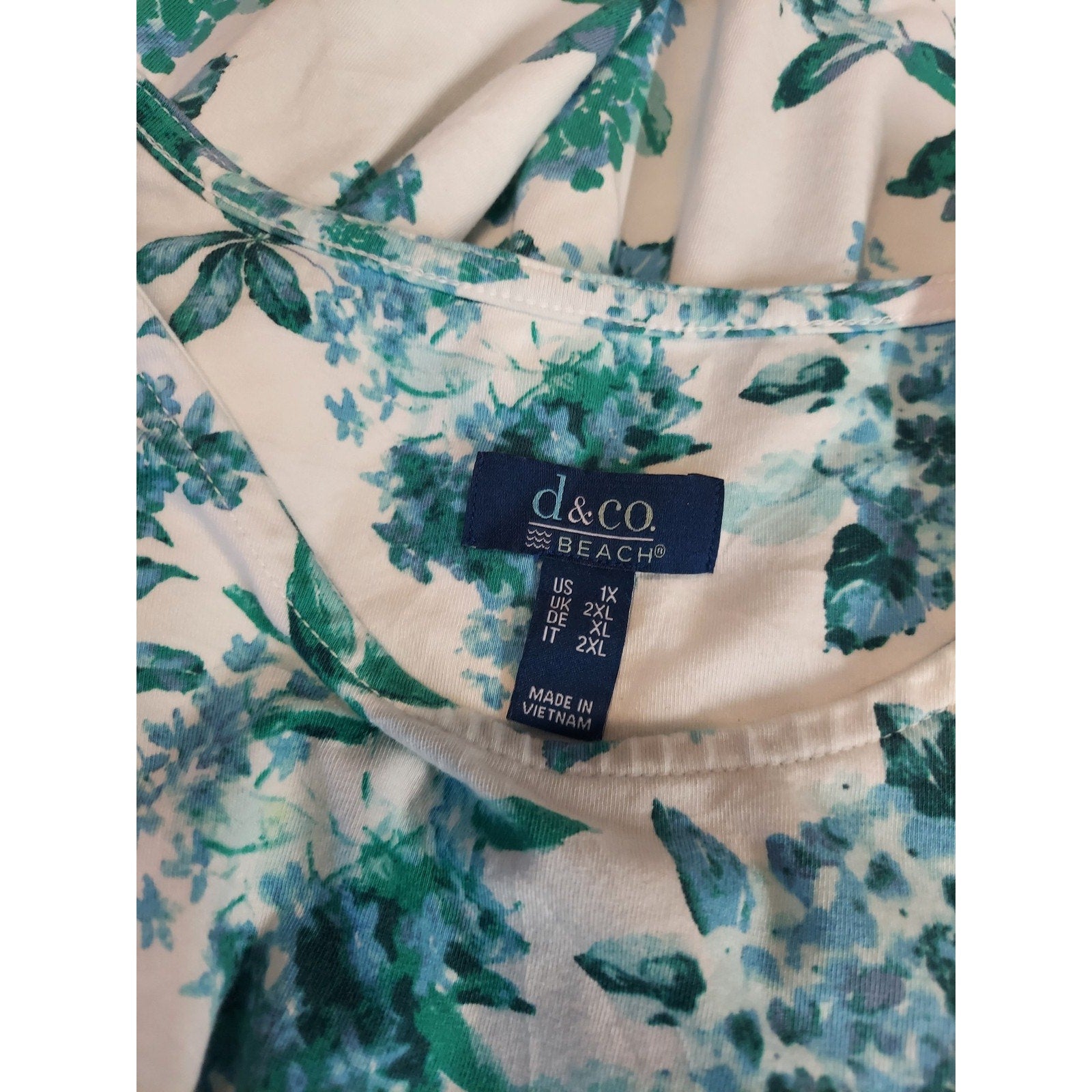 d&co. Womens Plus Size 1X White Blue Green Floral Short Sleeve Crew Neck T Shirt