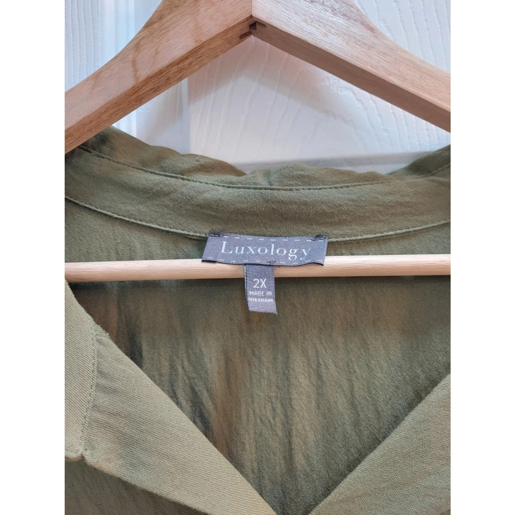 Luxology Womens Plus Shirtdress Size 2X Olive Green Collared Button Up