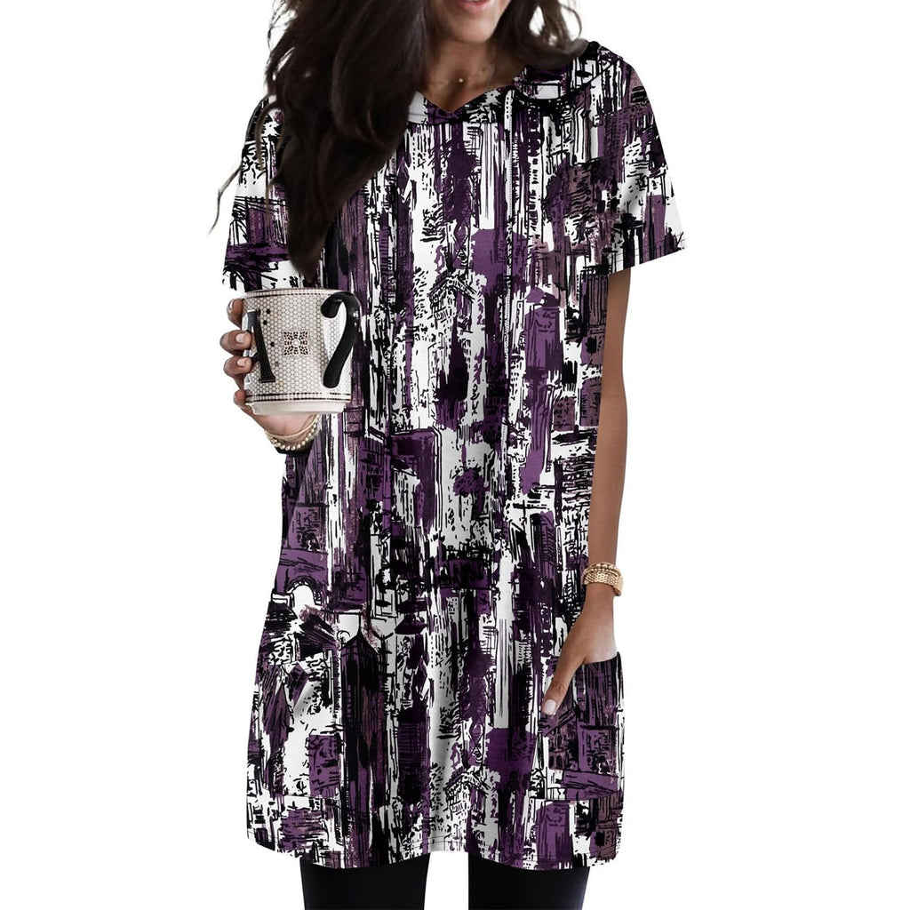 KISSMODA Womens XXL Purple White Tunic T Shirt Dress Pockets Abstract Print