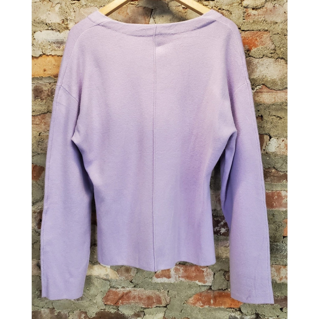 Womens Violet V Neck Knit Sweater L Long Sleeve Drop Shoulder Side Slit