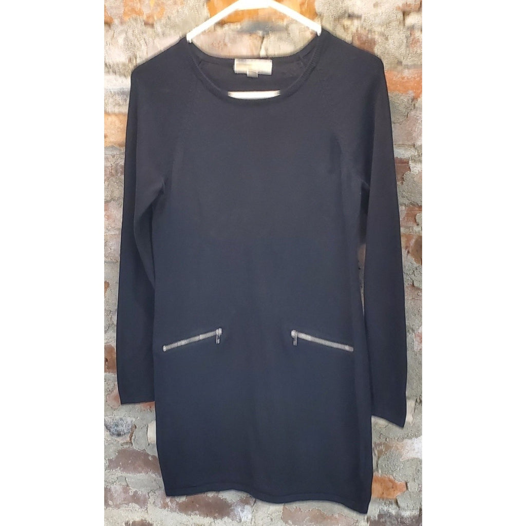 Michael Kors Womens Sweater Dress S Black Long Sleeve Crew Neck Zipper Pockets