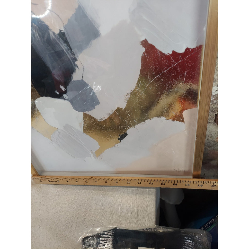 Abstract Framed Wall Art Set 2 Modern Gold Leaf Metallic White Gray Green Peach
