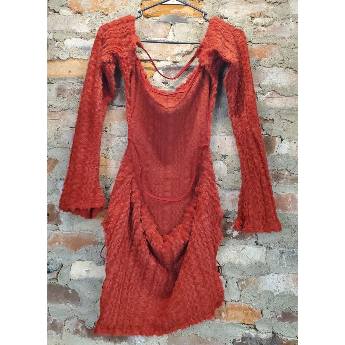 Womens Red Furry Long Sleeve Mini Dress XL Off Shoulder Criss Cross Back Party