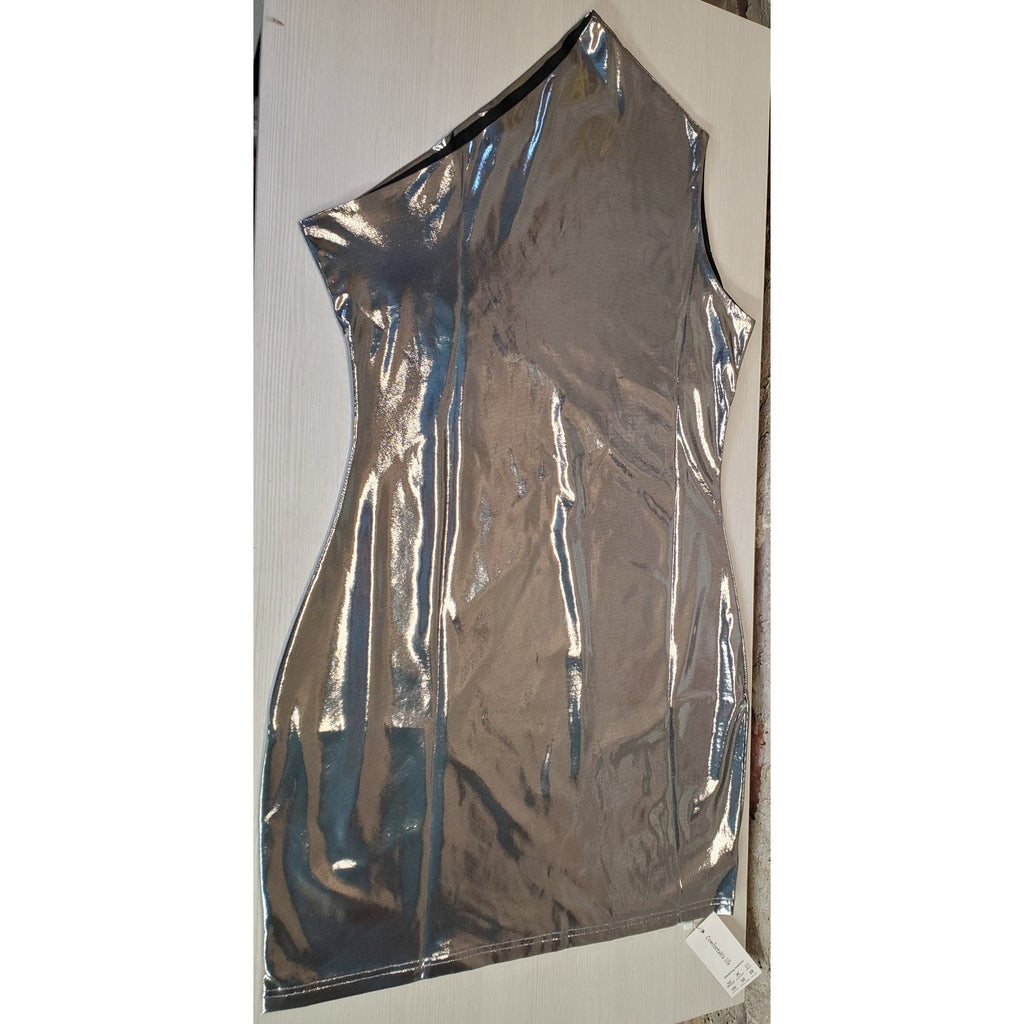 LuFeng Womens One Shoulder Mini Dress L Metallic Silver Bodycon Wet Look Party