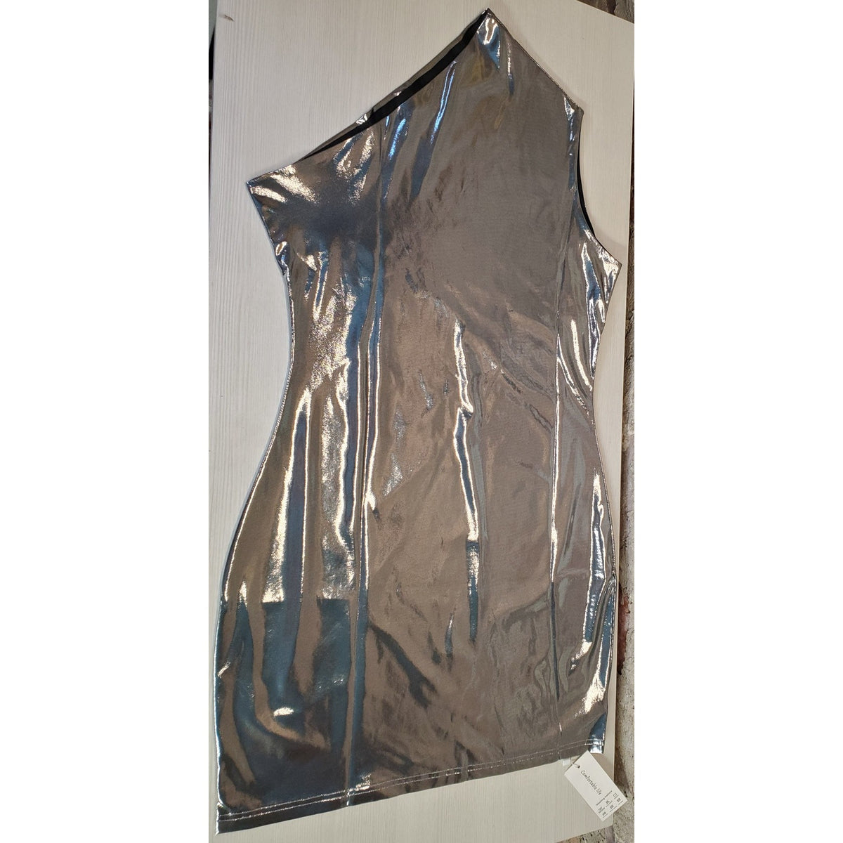 LuFeng Womens One Shoulder Mini Dress L Metallic Silver Bodycon Wet Look Party