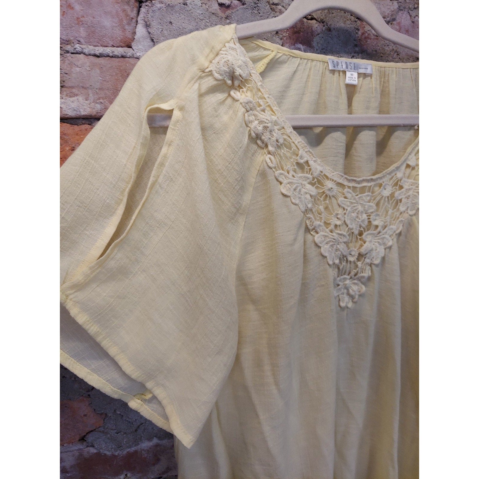 Spense Womens 1X Pale Yellow Peasant Blouse Crochet Lace V Neck Flutter Sleeve