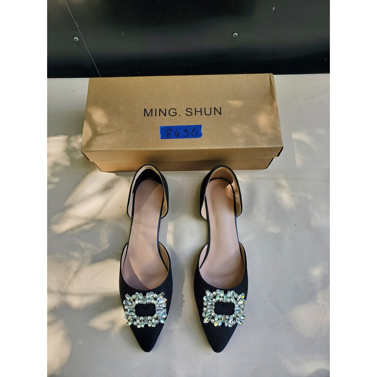 Ming Shun Womens Pointed Toe Flats Rhinestone Buckle Black Glitter US 11 EU 43