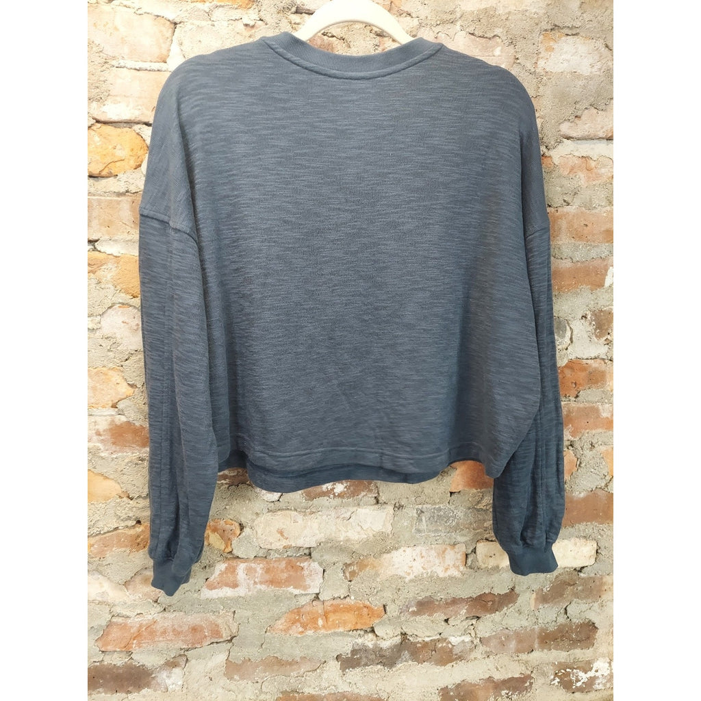 SO Womens Cropped Henley Long Sleeve Top Small Dark Blue Cotton Polyester