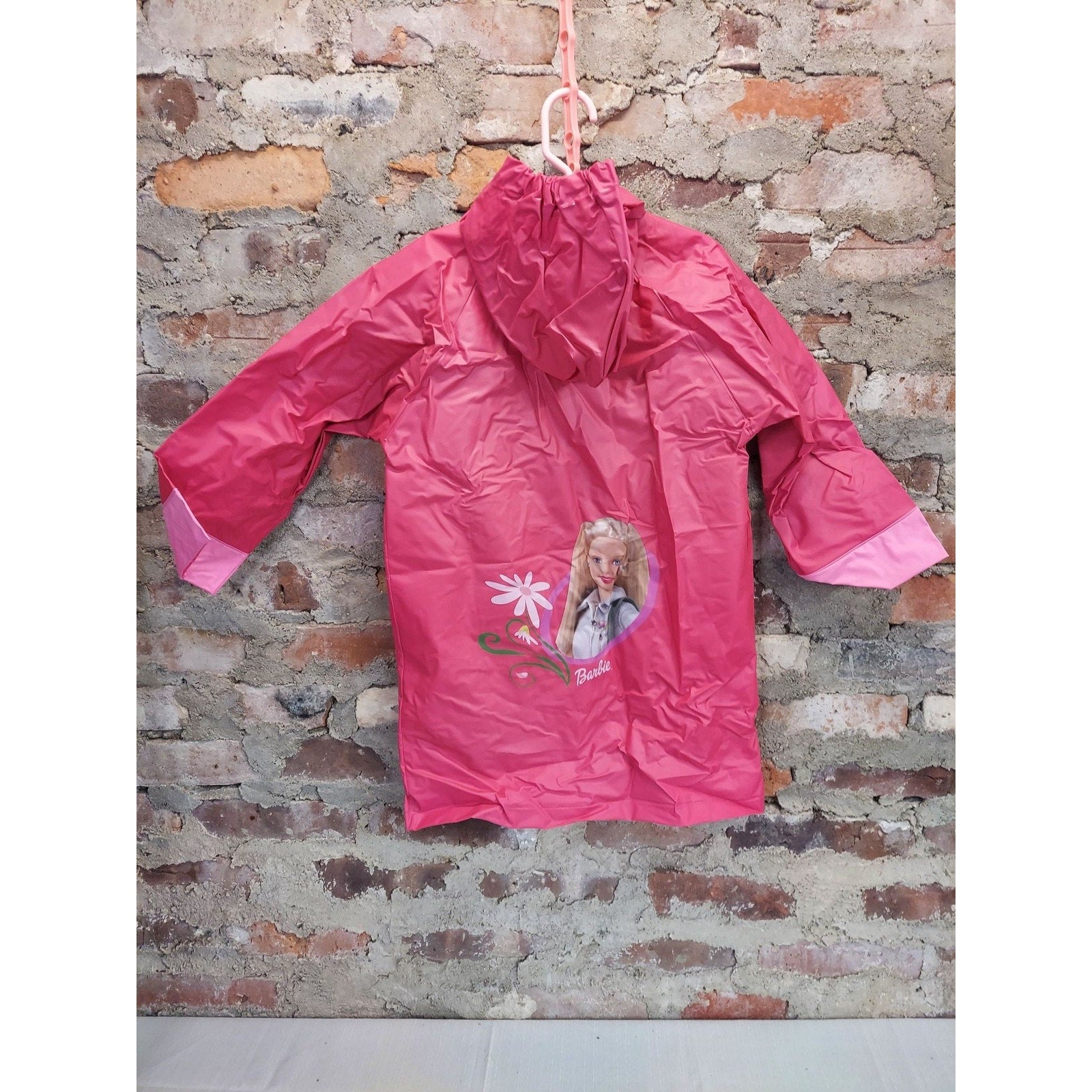 Barbie Girls Hooded Raincoat Pink Rain Jacket Slicker Snap Front Graphic