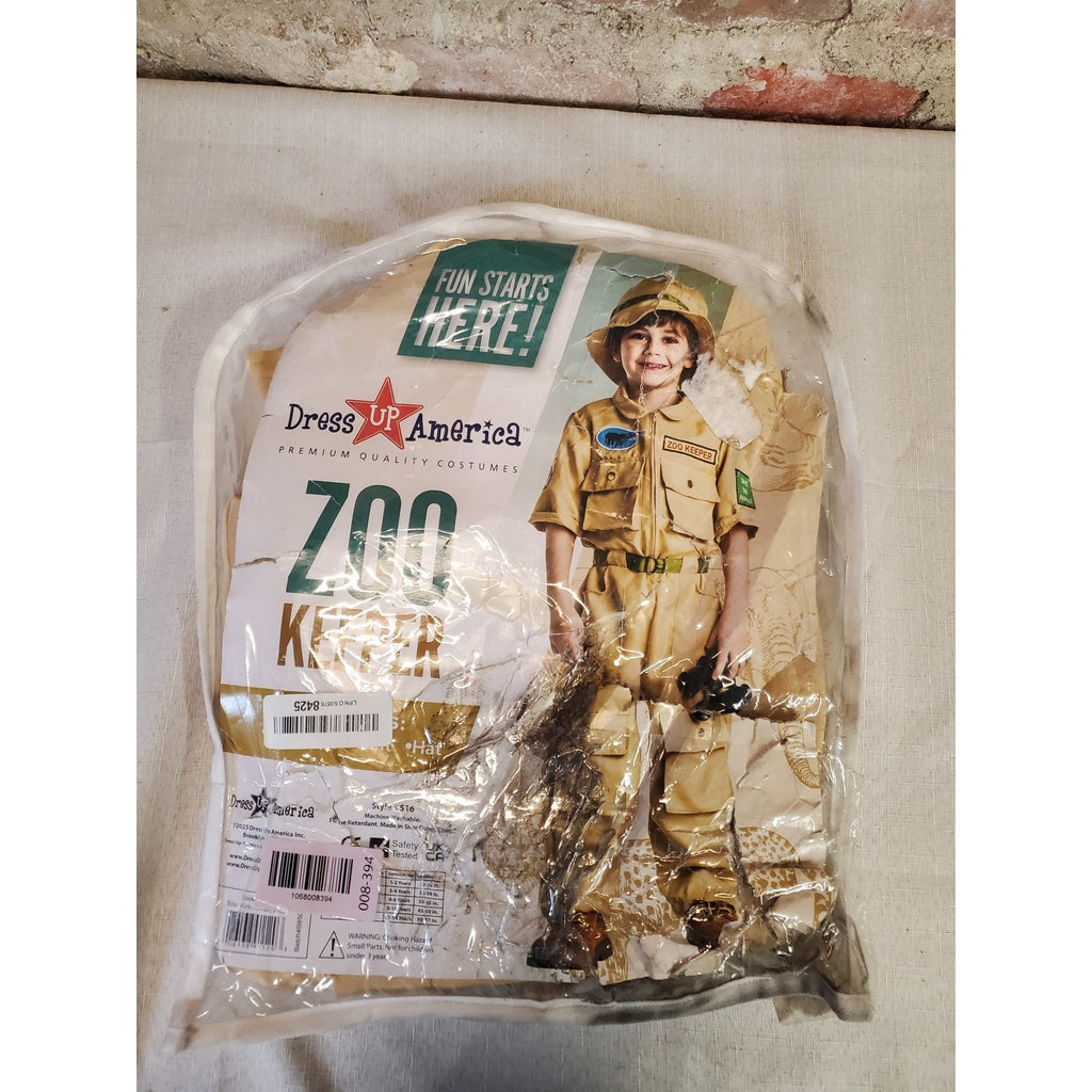 Dress Up America Kids Zoo Keeper Costume L 12-14 Tan Safari Jumpsuit Outfit Hat