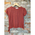 JINSHOUHUA Womens Knit Top Rust Puff Sleeve Side Tie Pointelle Short Sleeve