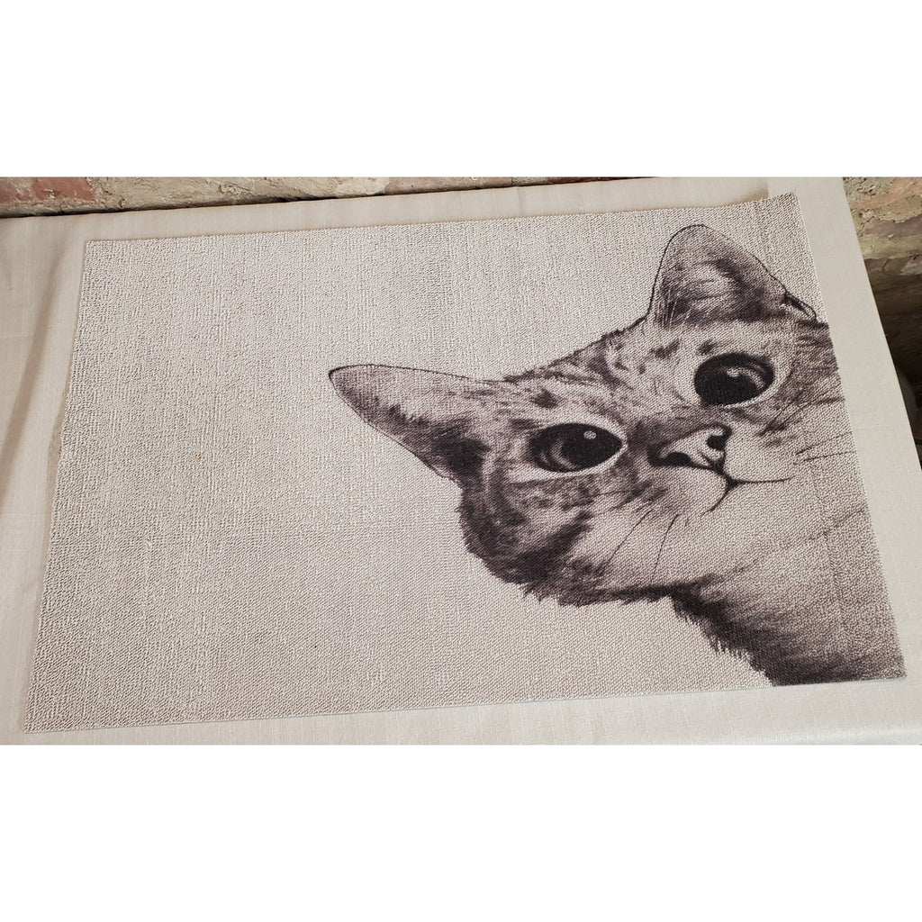 Cat Welcome Mat Peeking Kitten Gray Black White Fabric Dinner Rug Decor