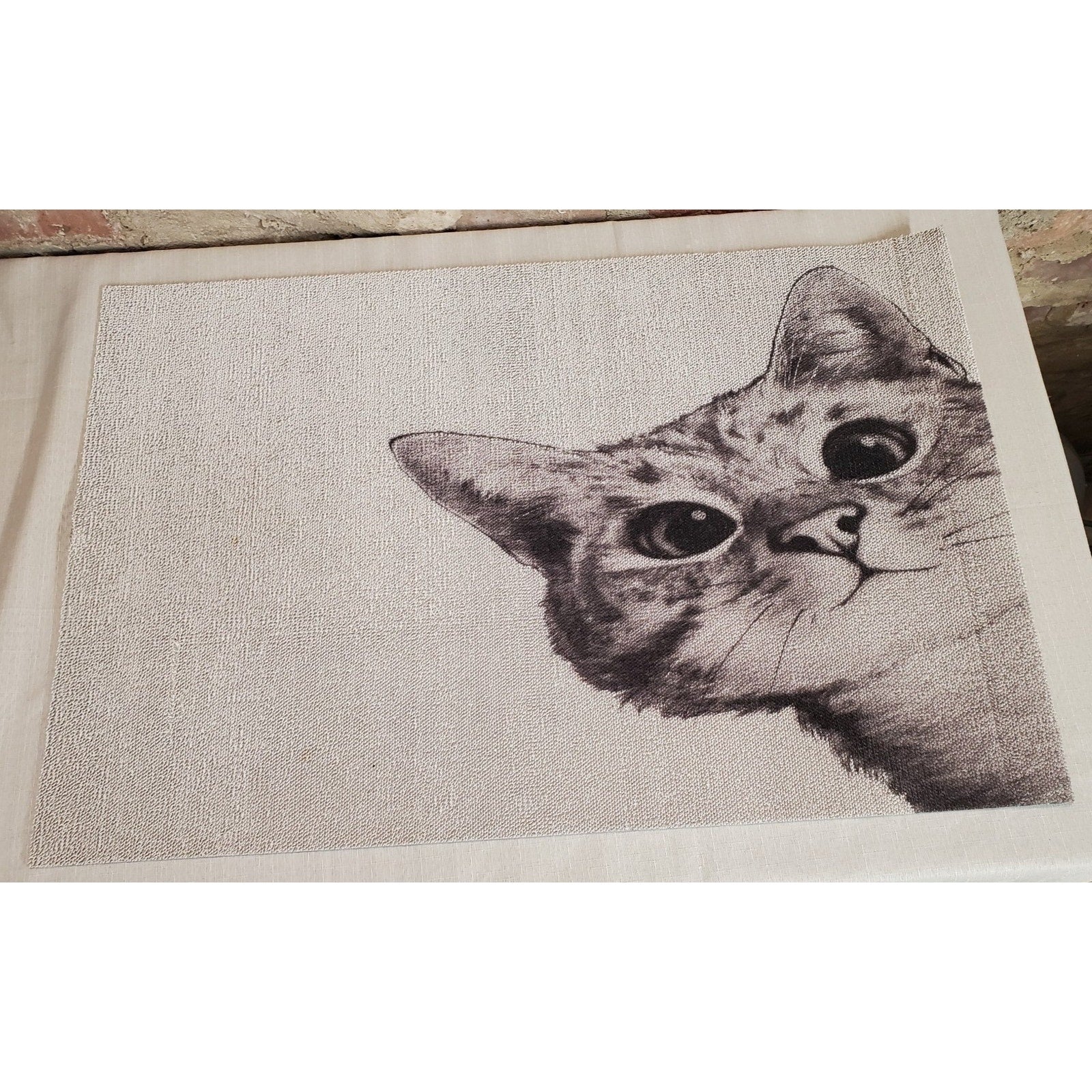 Cat Welcome Mat Peeking Kitten Gray Black White Fabric Dinner Rug Decor