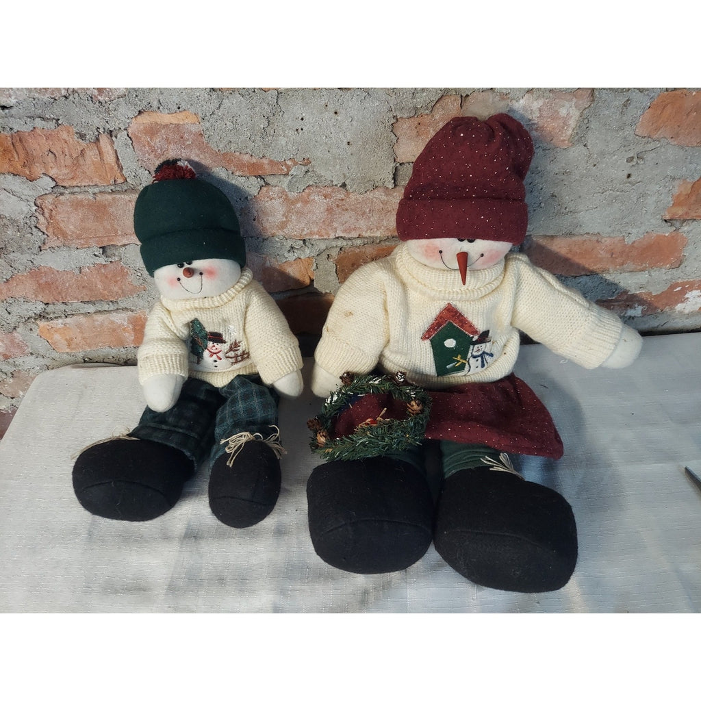 Christmas Snowman Dolls Set 2 Winter Holiday Shelf Sitter Fabric Knitted Plush
