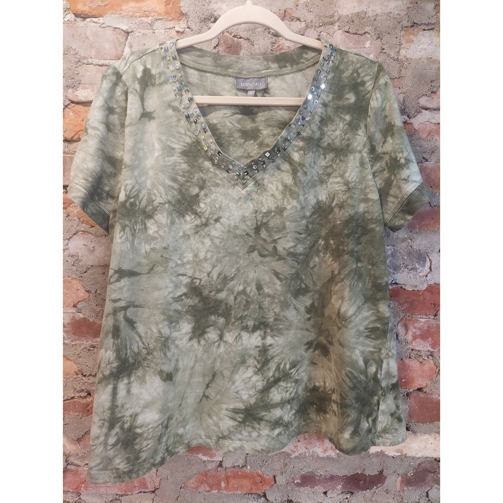 Essentials Womens 1X Green Tie Dye Short Sleeve Sequined V Neck T Shirt