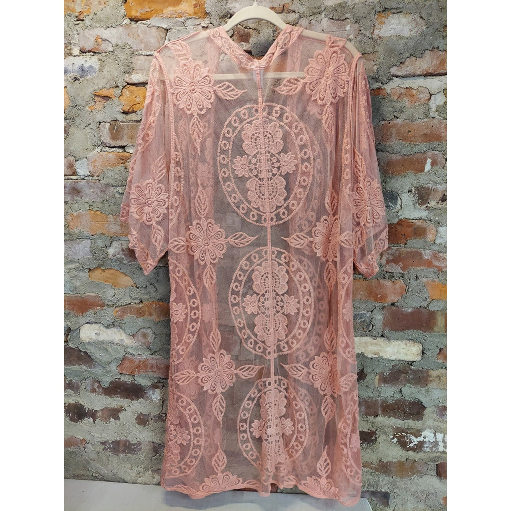 Time and Tru Womens L XL Blush Pink Floral Lace Kimono Duster Cardigan