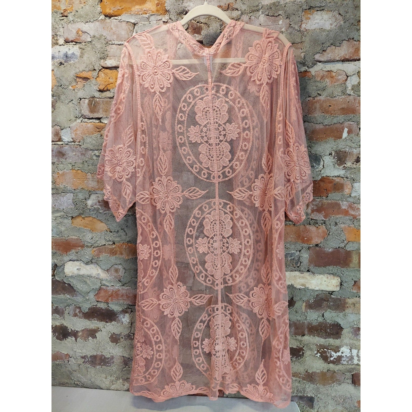 Time and Tru Womens L XL Blush Pink Floral Lace Kimono Duster Cardigan